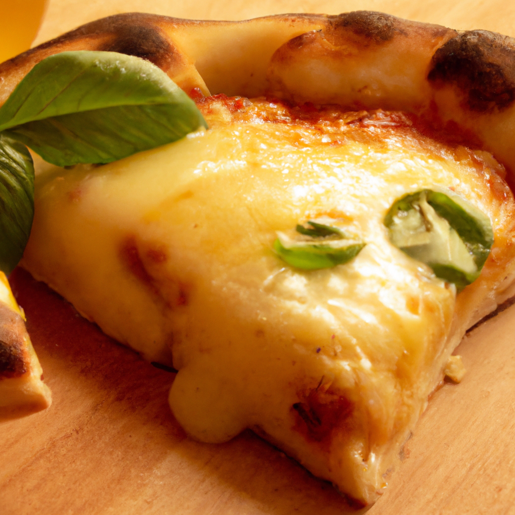 Freshly baked pizza slice with basil and cheese